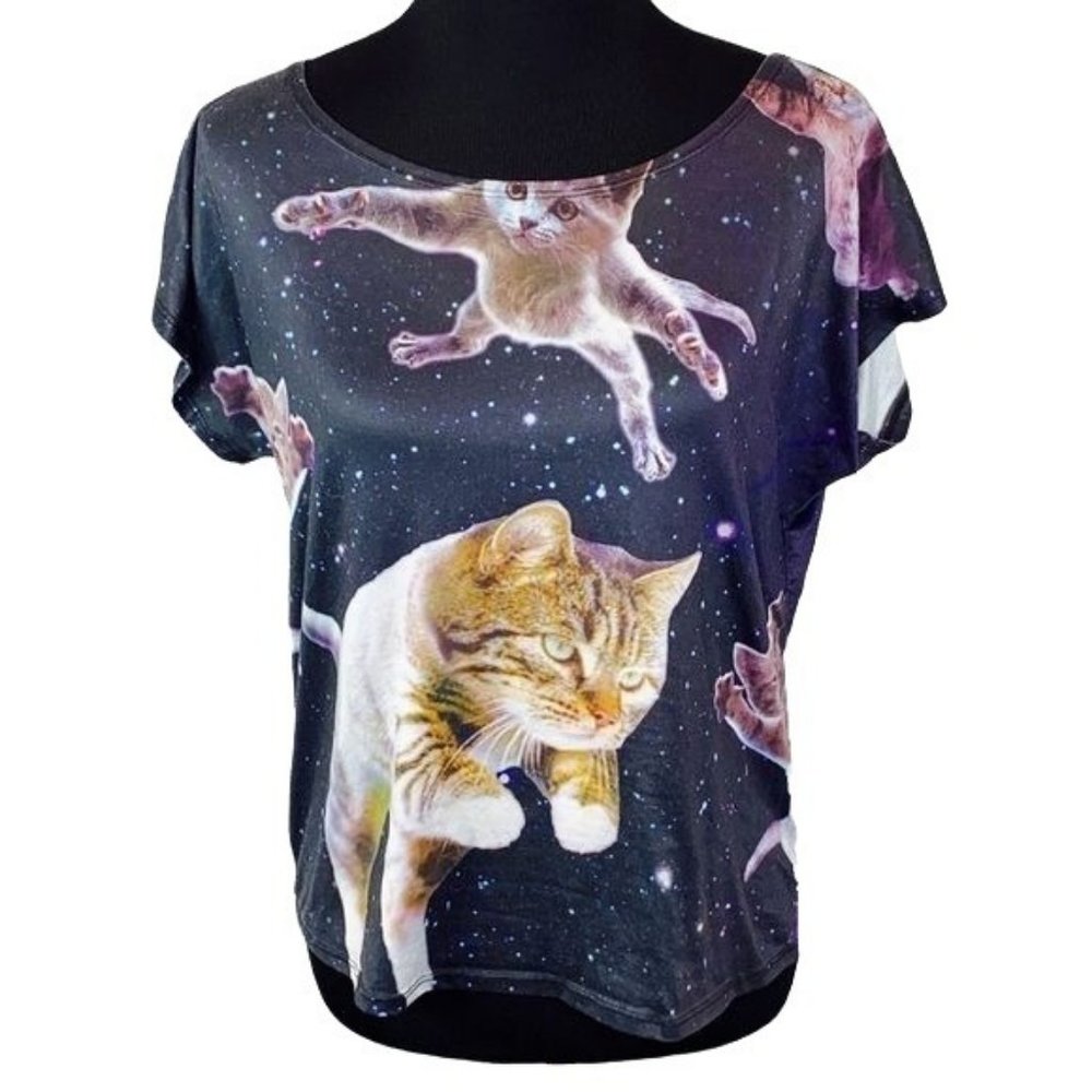 Astro Galaxy Kitty Cat T Shirt size S Women Soft Flowy Black